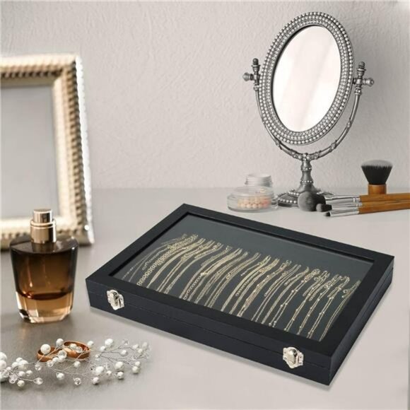 Velvet Necklace Organizer Box with Glass Lid 20 Hooks Jewelry Storage Tray - Picture 2 of 7